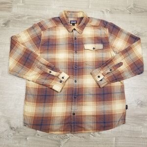 Patagonia Fjord Organic Cotton Mens Plaid Flannel Shirt Large Beige, Red, Blue